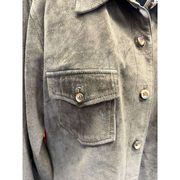 GAP Genuine Leather Suede Shirt Jacket Brown Button Front Utility Pockets sz L - Picture 5 of 10
